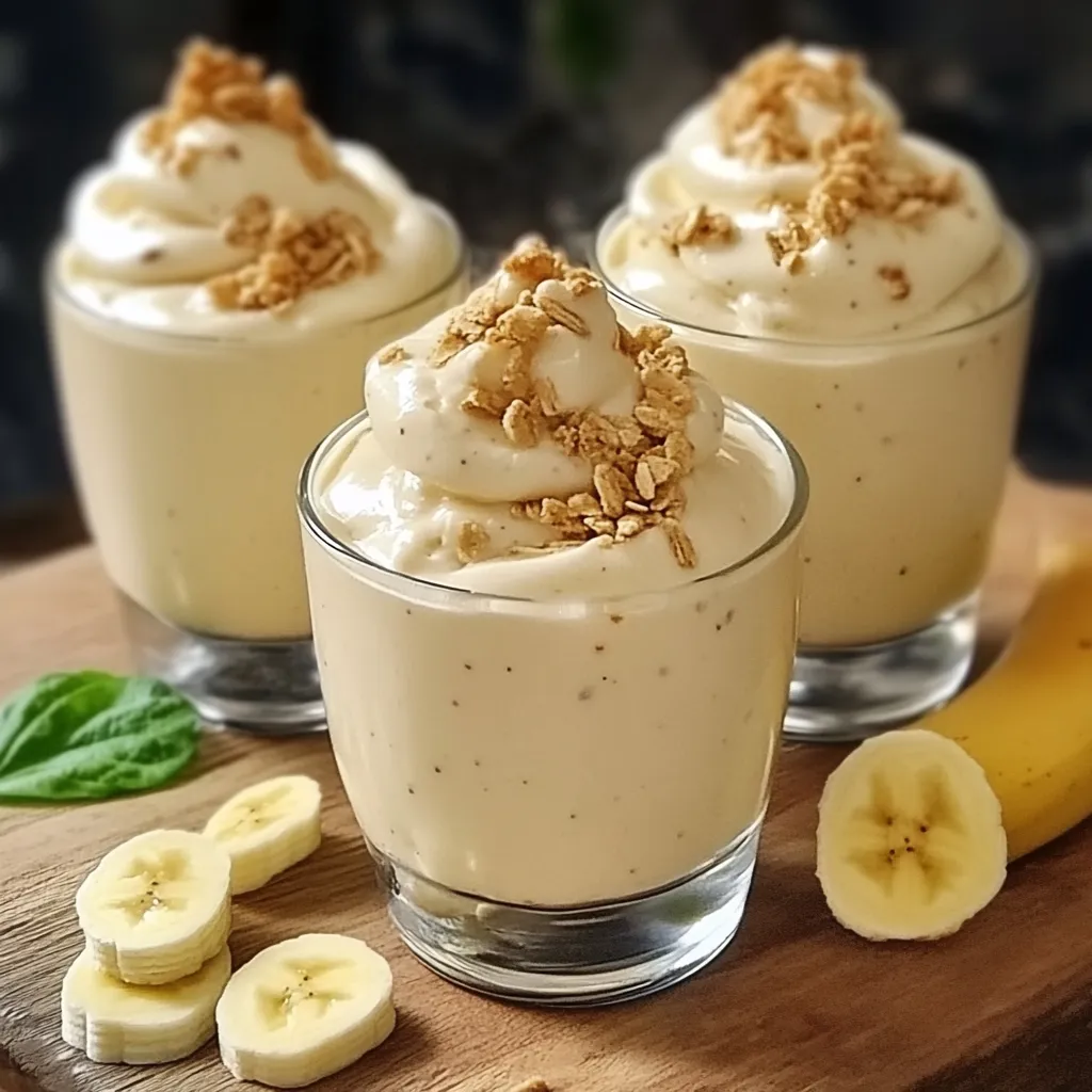 Postre cremoso de banana servido en vasos individuales con chocolate rallado.