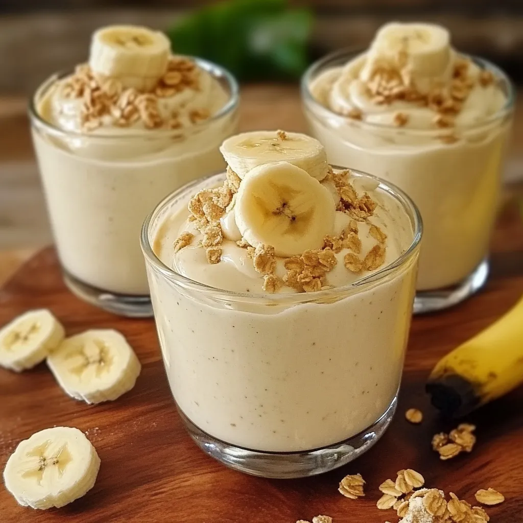 Postre cremoso de banana servido en vasos individuales con chocolate rallado.