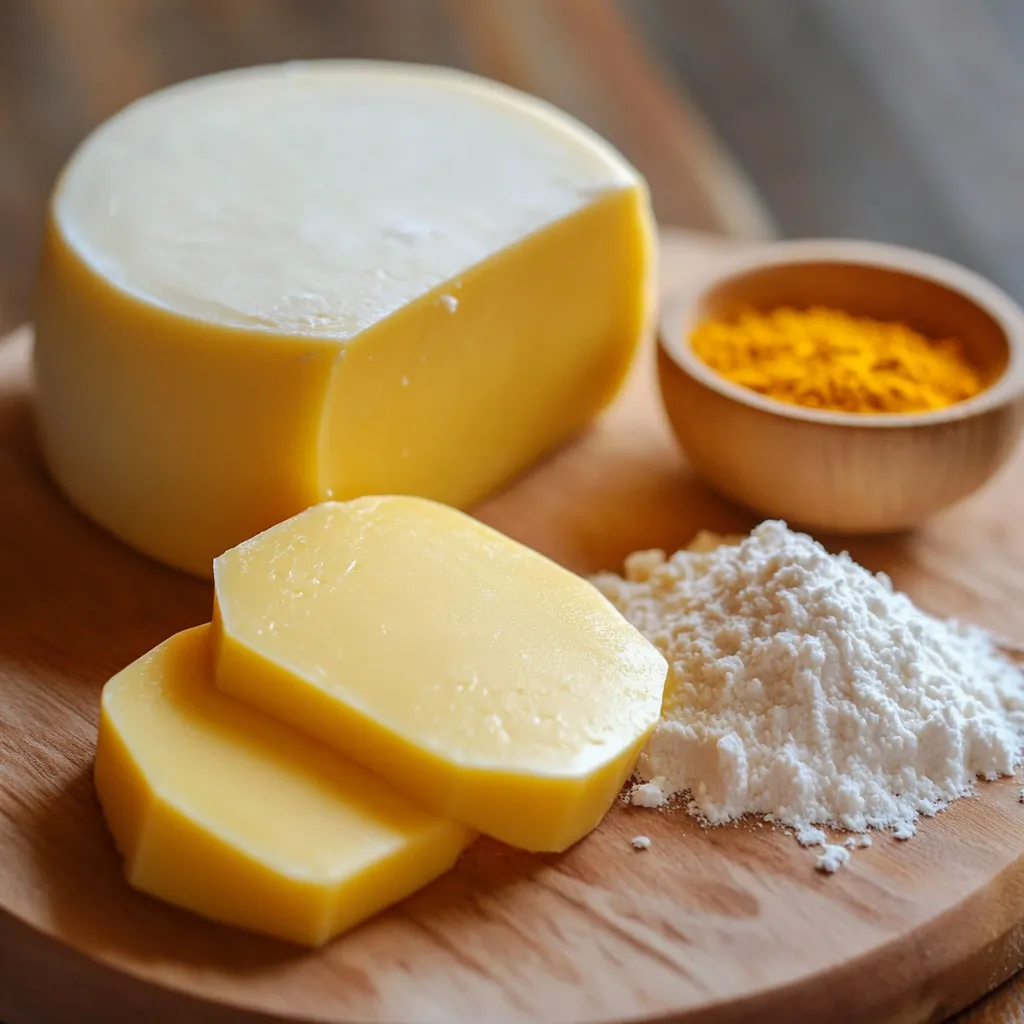 Queso amarillo casero en un plato de madera, con una textura suave y cremosa, cortado en rodajas y acompañado de pan rústico.
