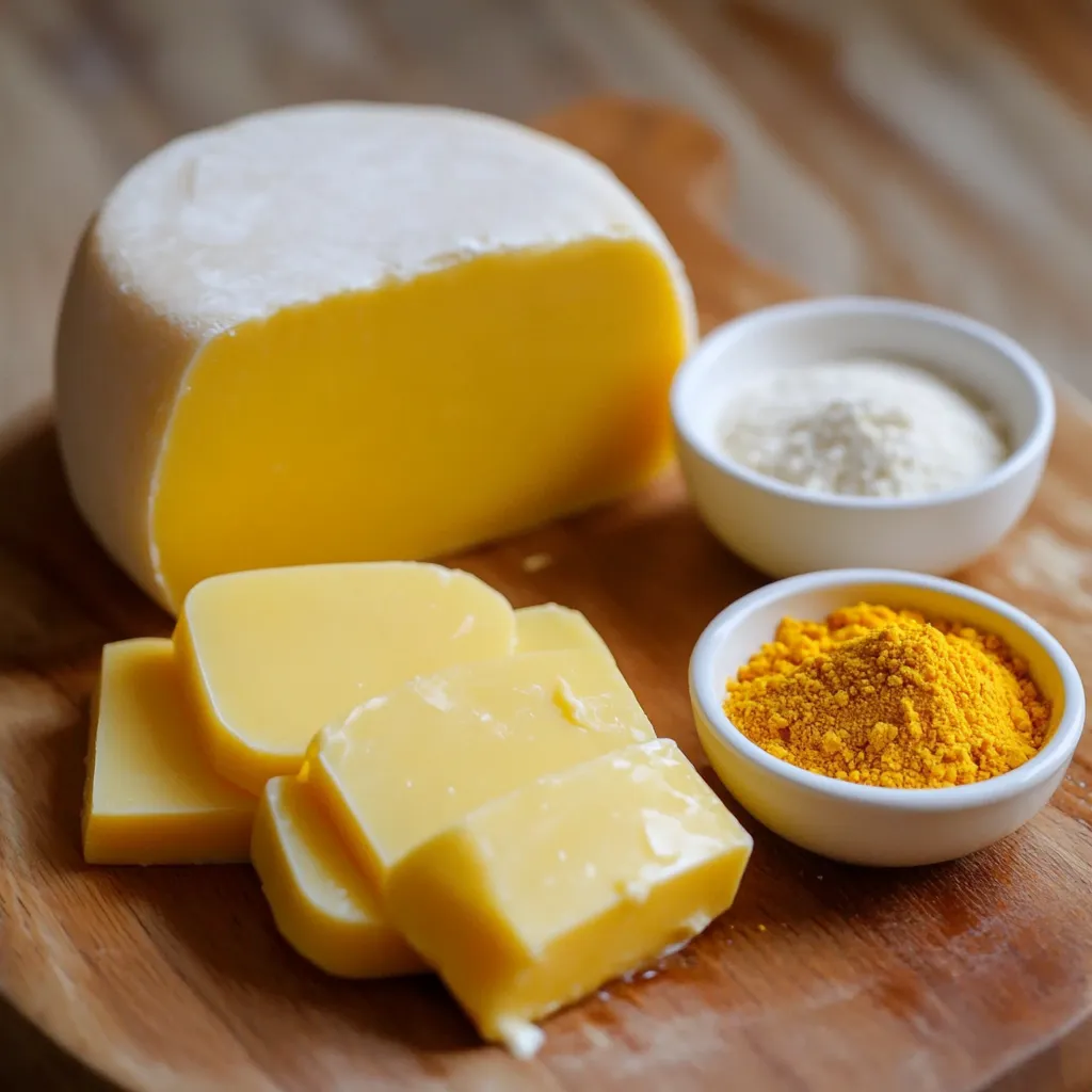 Queso amarillo casero en un plato de madera, con una textura suave y cremosa, cortado en rodajas y acompañado de pan rústico.
