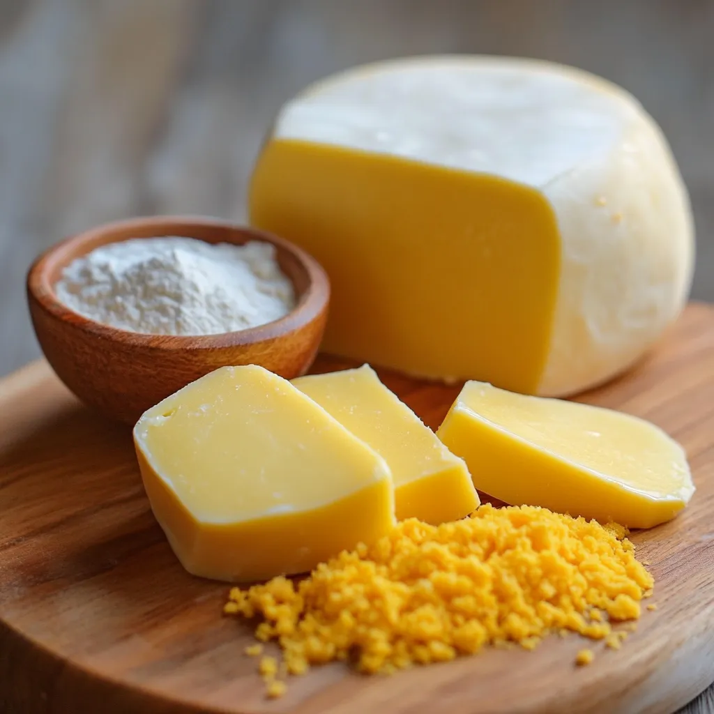 Queso amarillo casero en un plato de madera, con una textura suave y cremosa, cortado en rodajas y acompañado de pan rústico.