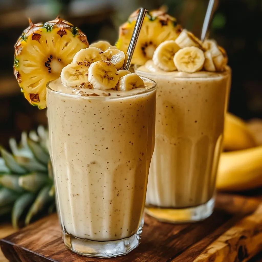 Batido de piña y banana servido en un vaso alto, decorado con una rodaja de piña y hojas de menta.