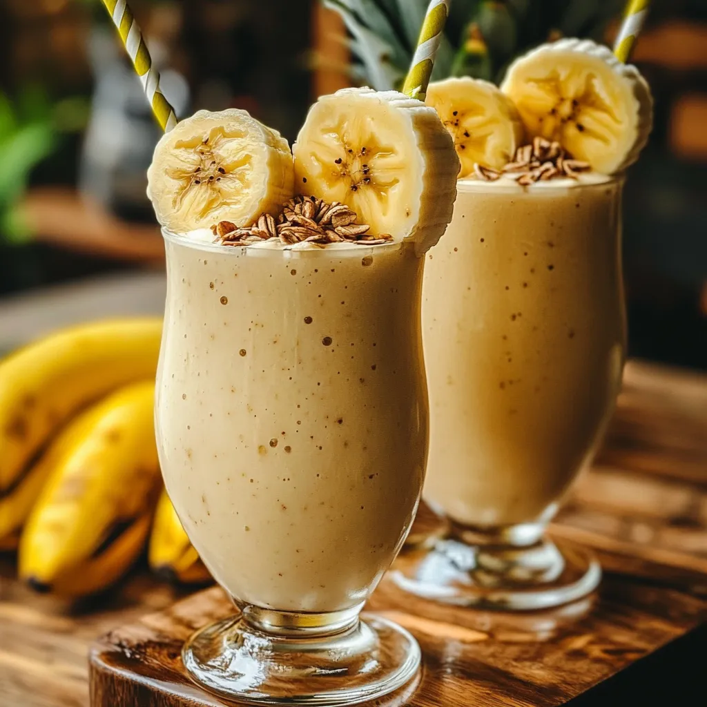 Batido de piña y banana servido en un vaso alto, decorado con una rodaja de piña y hojas de menta.