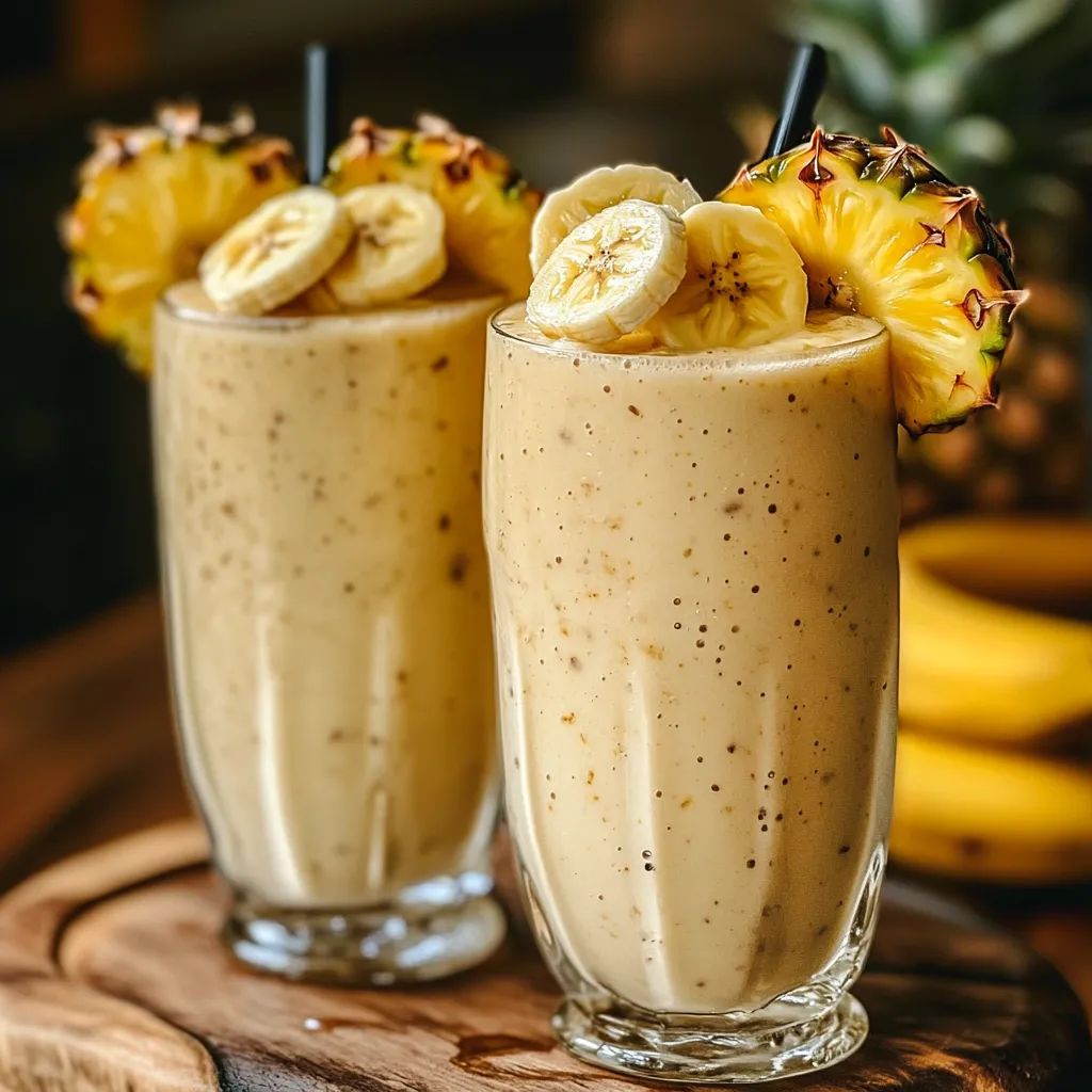 Batido de piña y banana servido en un vaso alto, decorado con una rodaja de piña y hojas de menta.