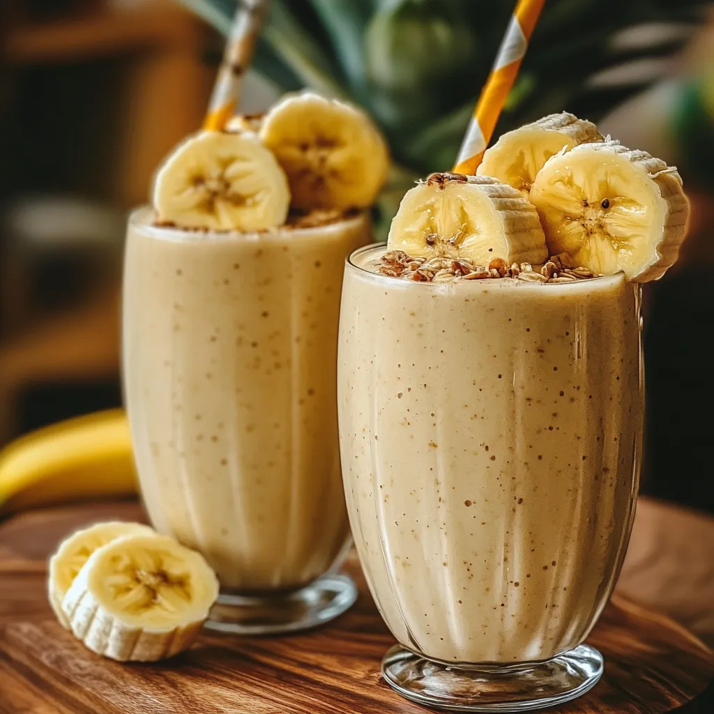 Batido de piña y banana servido en un vaso alto, decorado con una rodaja de piña y hojas de menta.