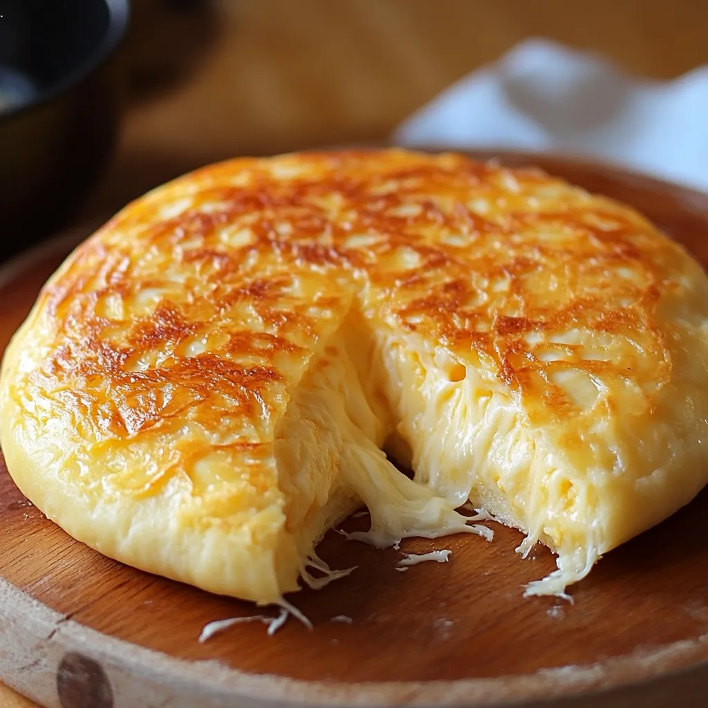Pan de queso sin horno dorado en sartén, listo para servir.