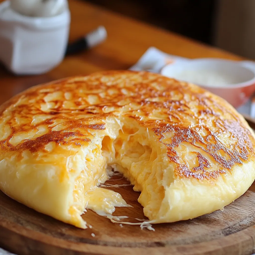 Pan de queso sin horno dorado en sartén, listo para servir.