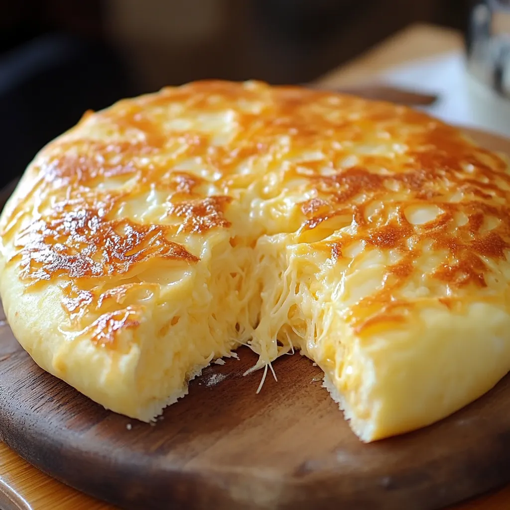 Pan de queso sin horno dorado en sartén, listo para servir.