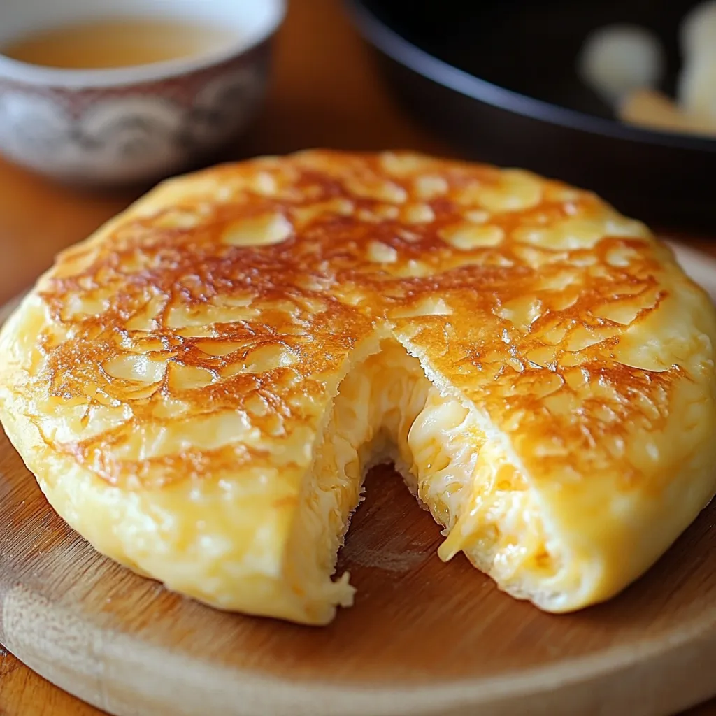 Pan de queso sin horno dorado en sartén, listo para servir.