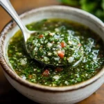 Salsa chimichurri casera en un bol con una cuchara, lista para acompañar carnes asadas.