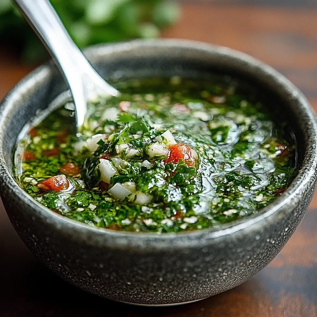 Salsa chimichurri casera en un bol con una cuchara, lista para acompañar carnes asadas.