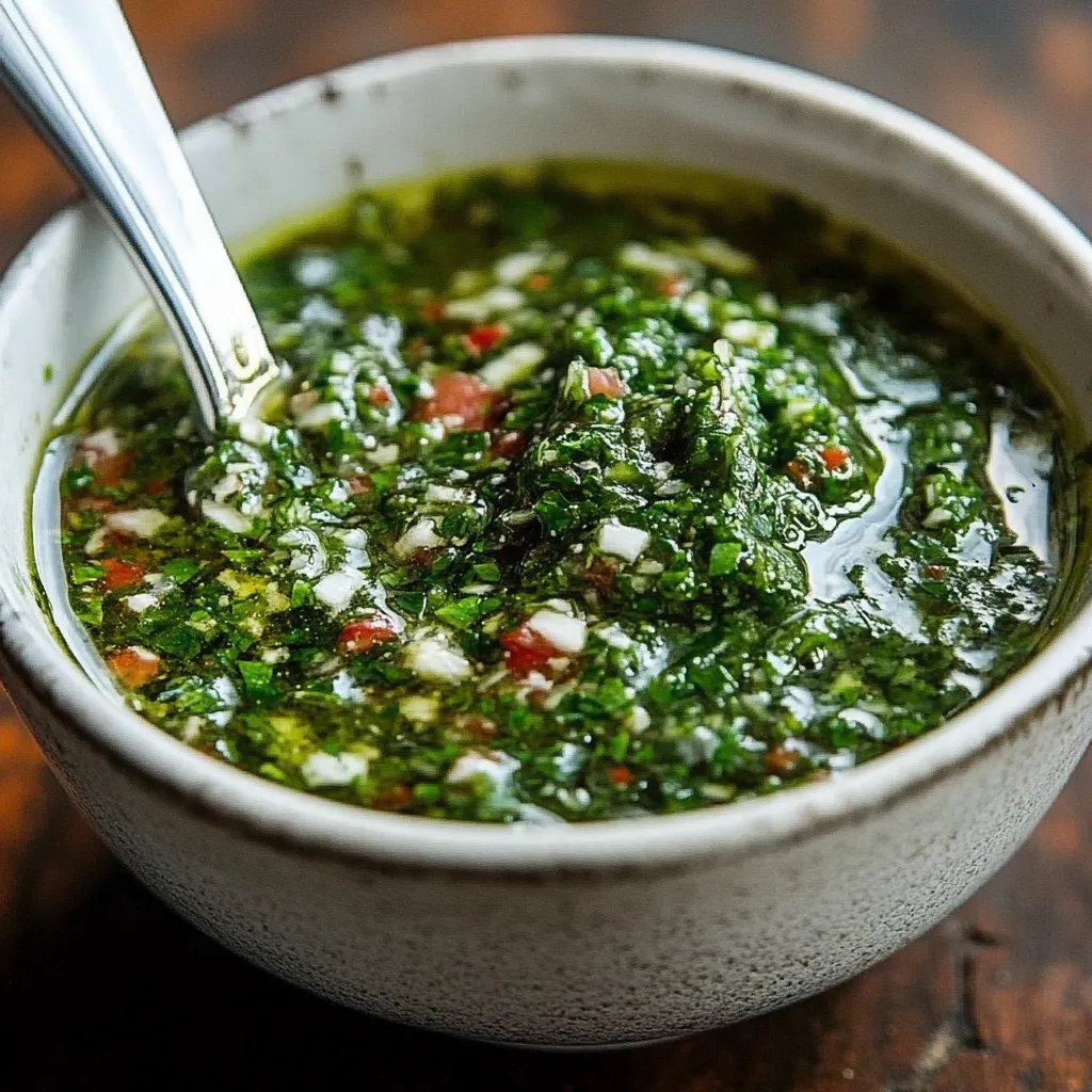 Salsa chimichurri casera en un bol con una cuchara, lista para acompañar carnes asadas.