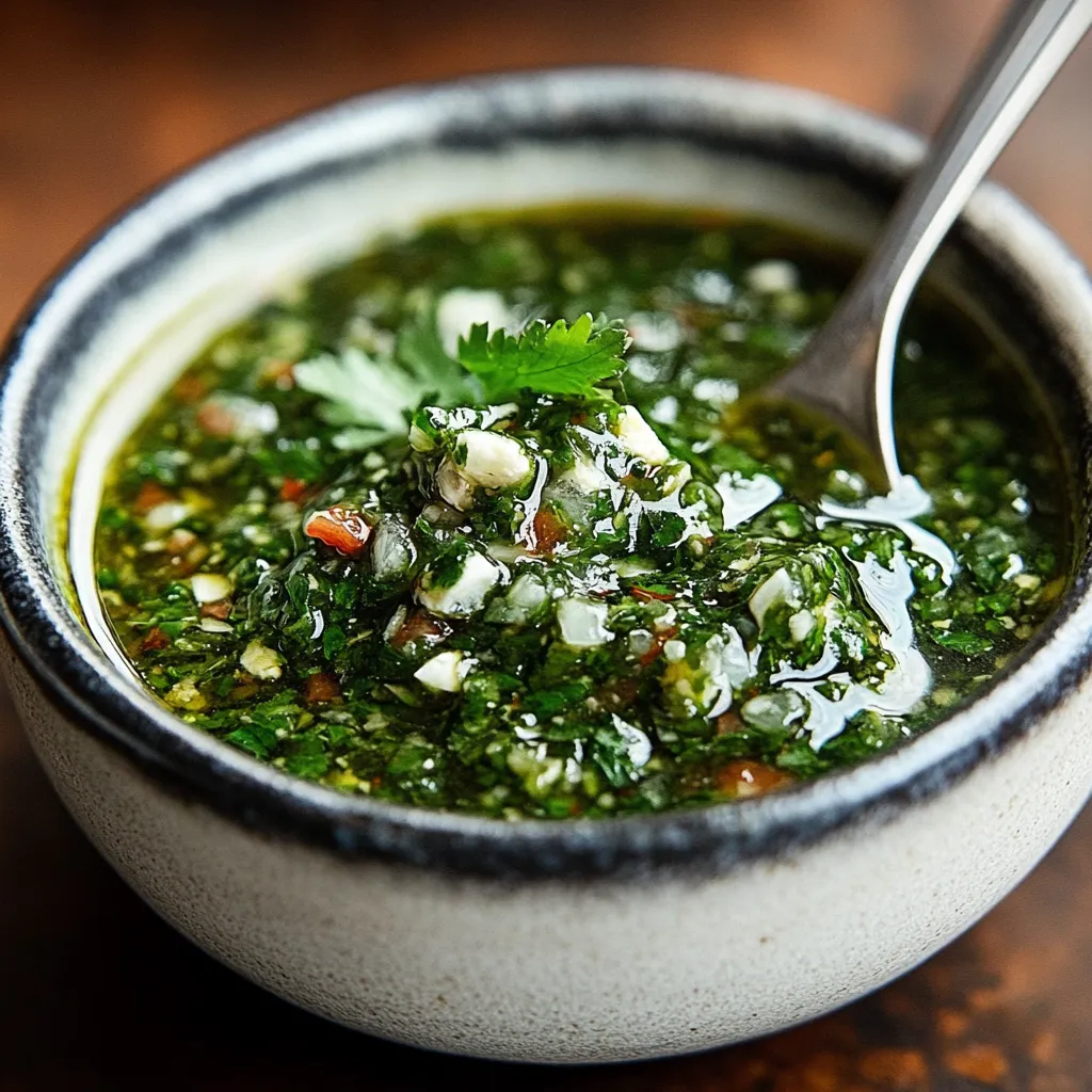 Salsa chimichurri casera en un bol con una cuchara, lista para acompañar carnes asadas.
