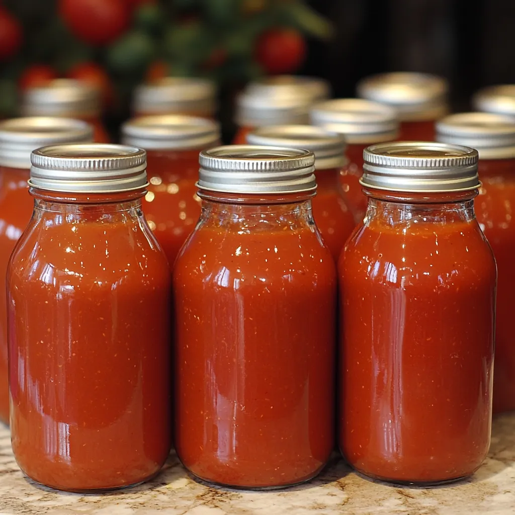 Salsa de tomate casera en frascos de vidrio sobre una mesa de madera, lista para conservar.