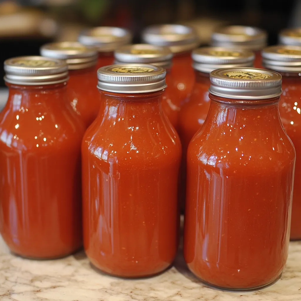 Salsa de tomate casera en frascos de vidrio sobre una mesa de madera, lista para conservar.