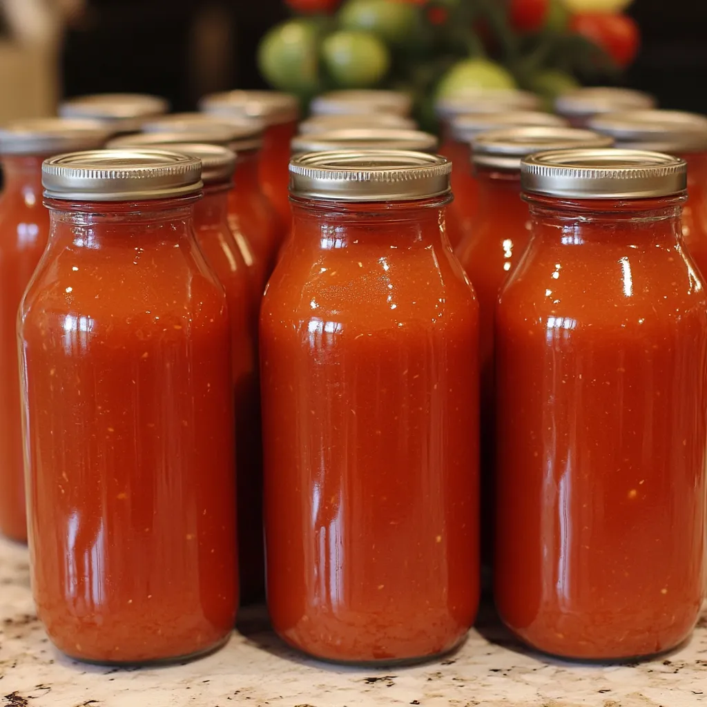 Salsa de tomate casera en frascos de vidrio sobre una mesa de madera, lista para conservar.