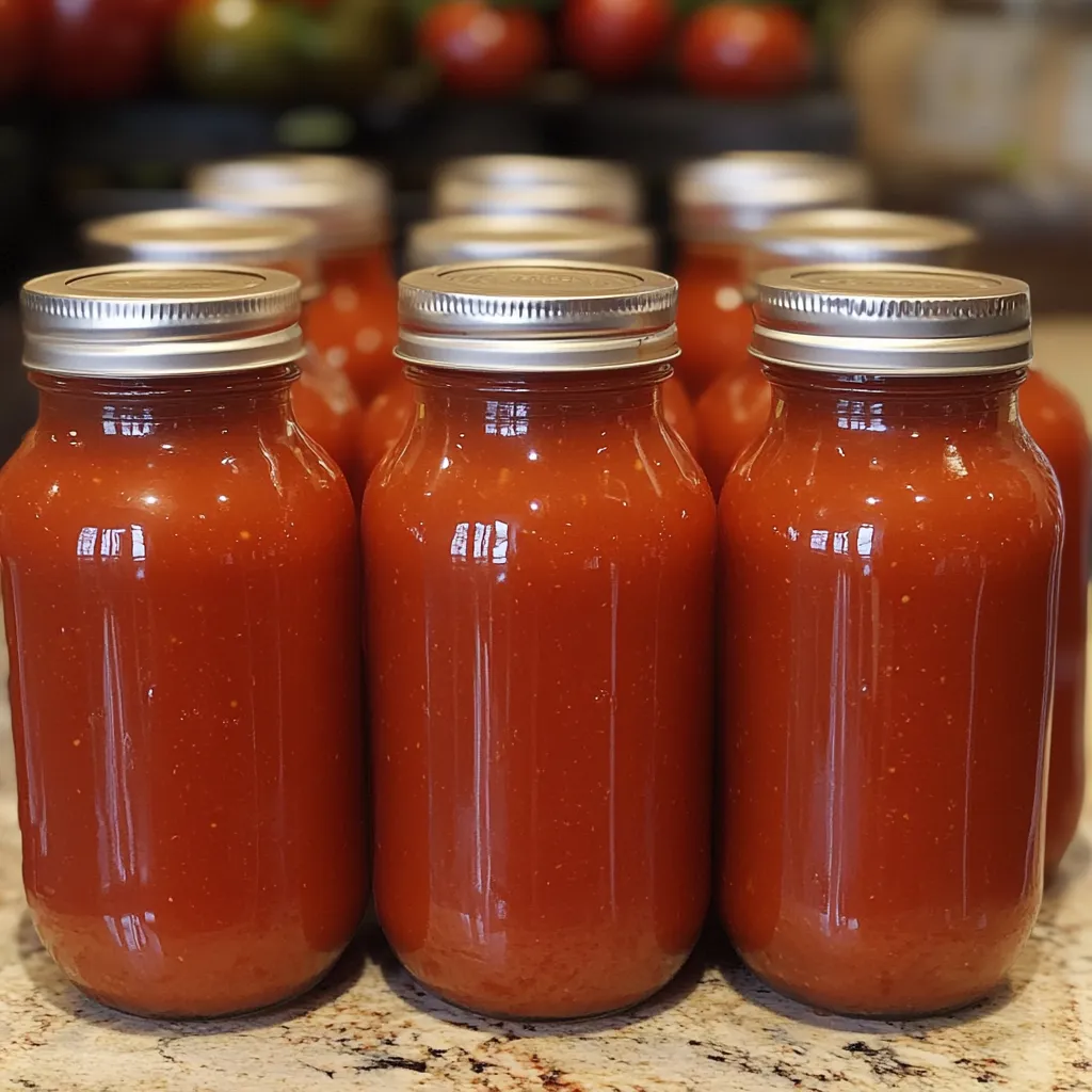 Salsa de tomate casera en frascos de vidrio sobre una mesa de madera, lista para conservar.