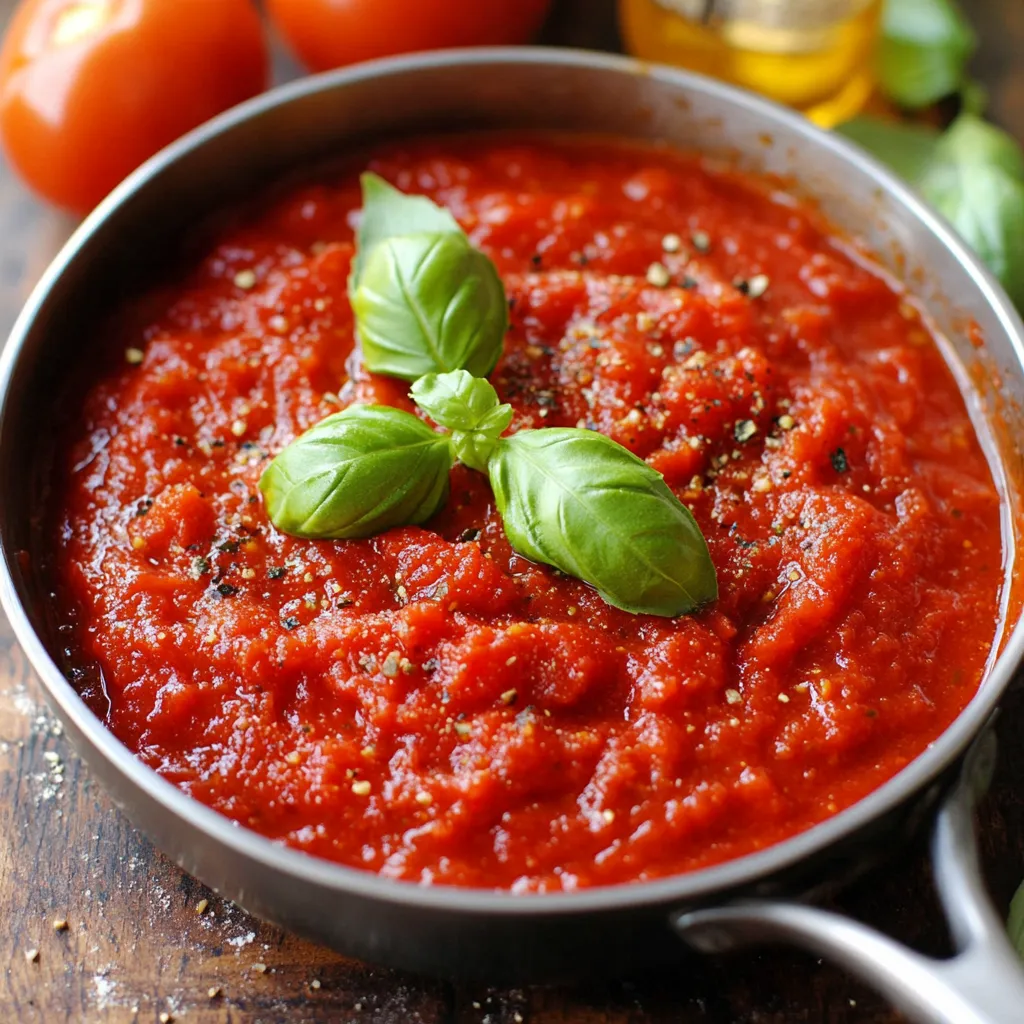 Salsa para pizza casera en un frasco con tomate y especias frescas