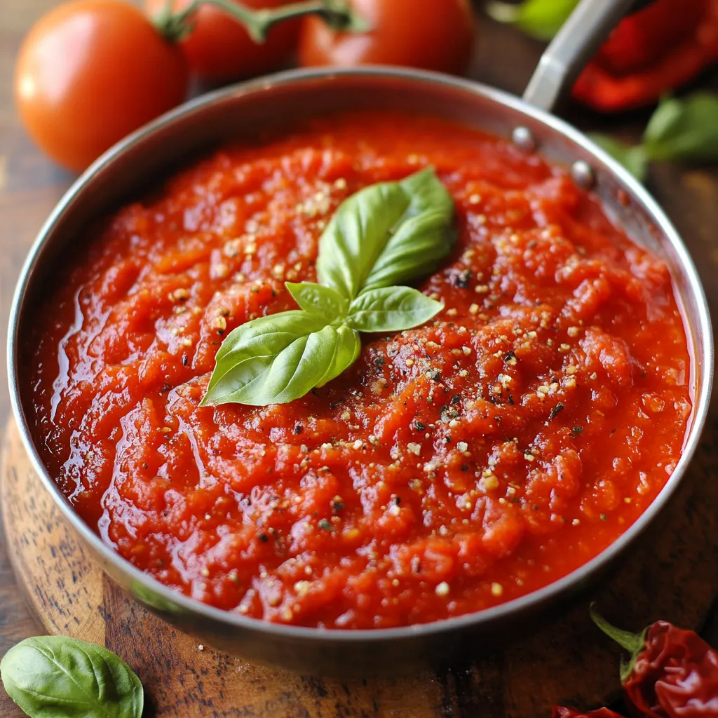 Salsa para pizza casera en un frasco con tomate y especias frescas