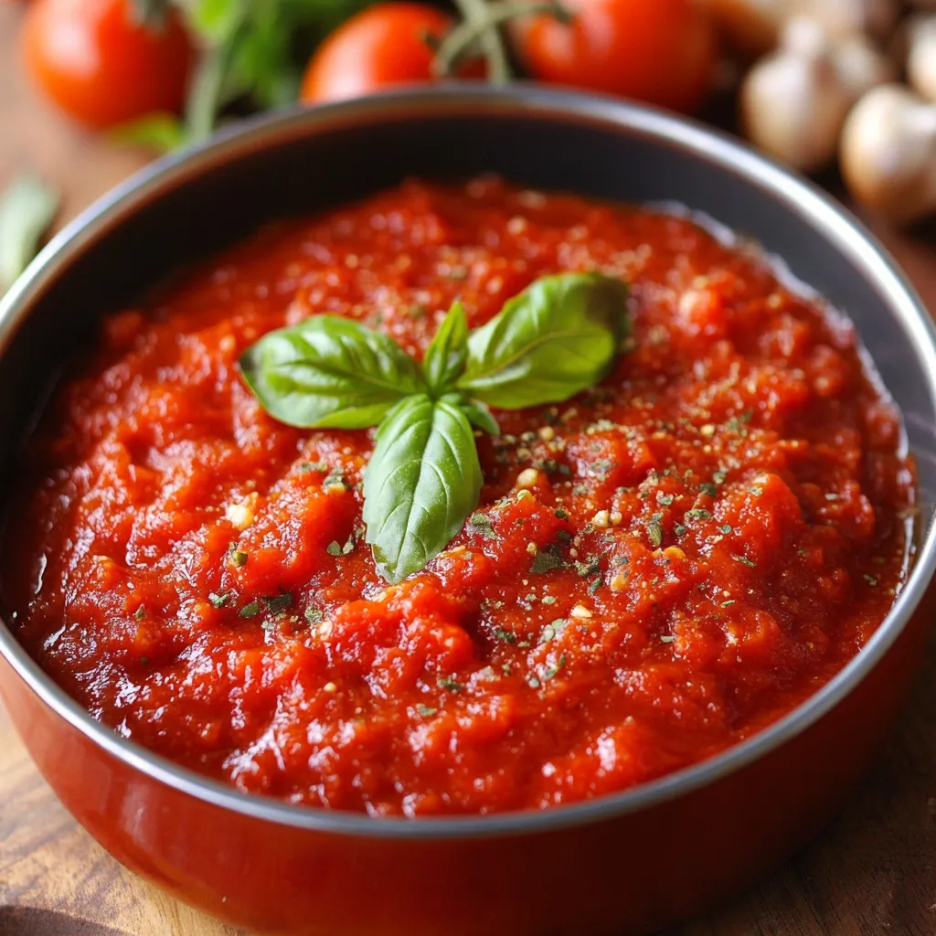 Salsa para pizza casera en un frasco con tomate y especias frescas