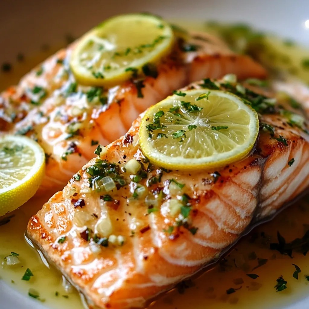 Filete de salmón dorado en sartén con salsa de limón y ajo