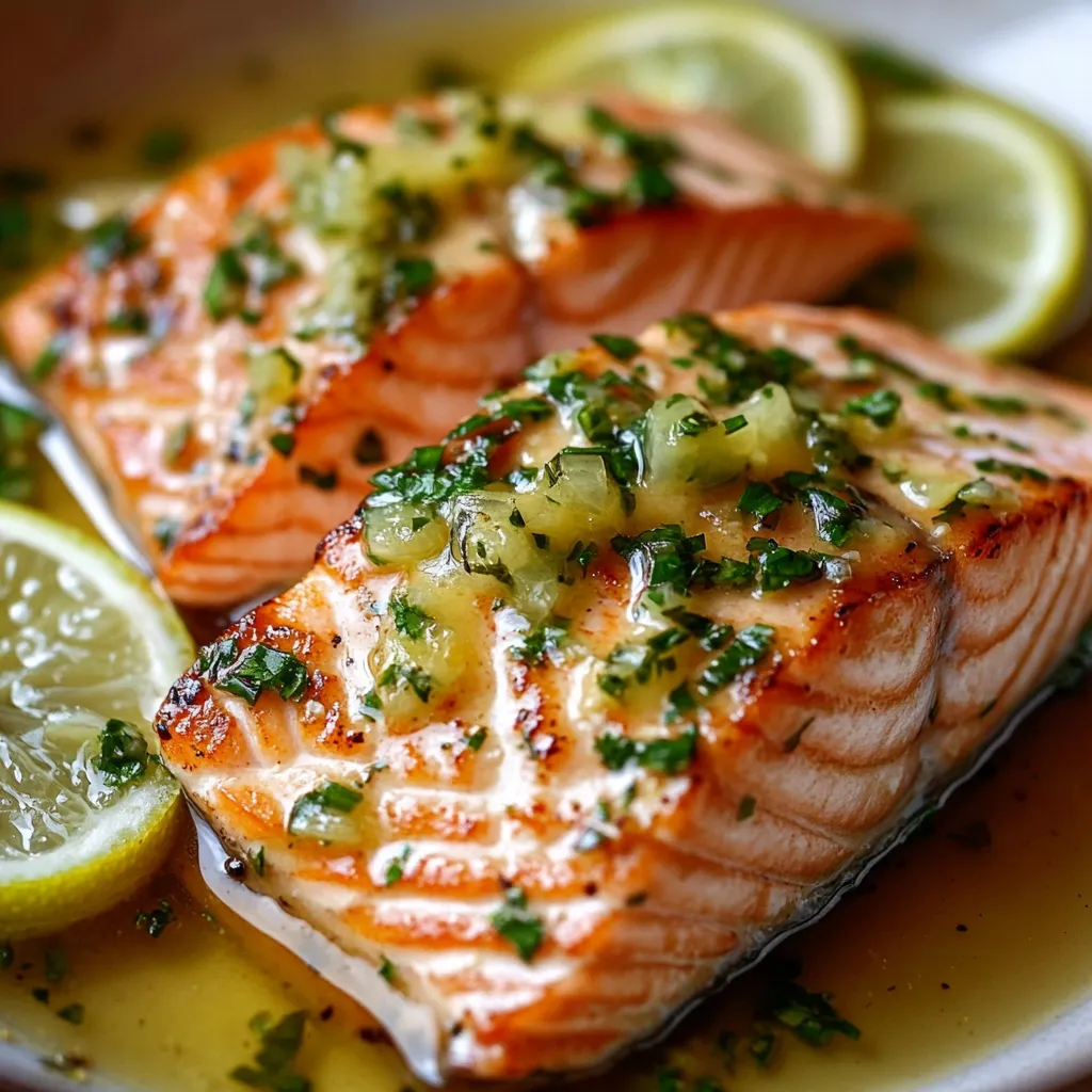 Filete de salmón dorado en sartén con salsa de limón y ajo