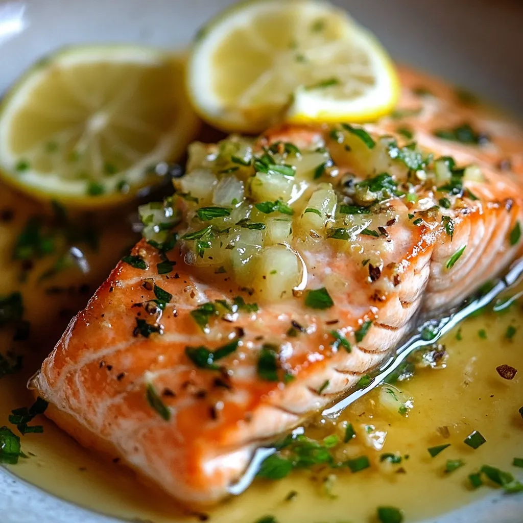 Filete de salmón dorado en sartén con salsa de limón y ajo