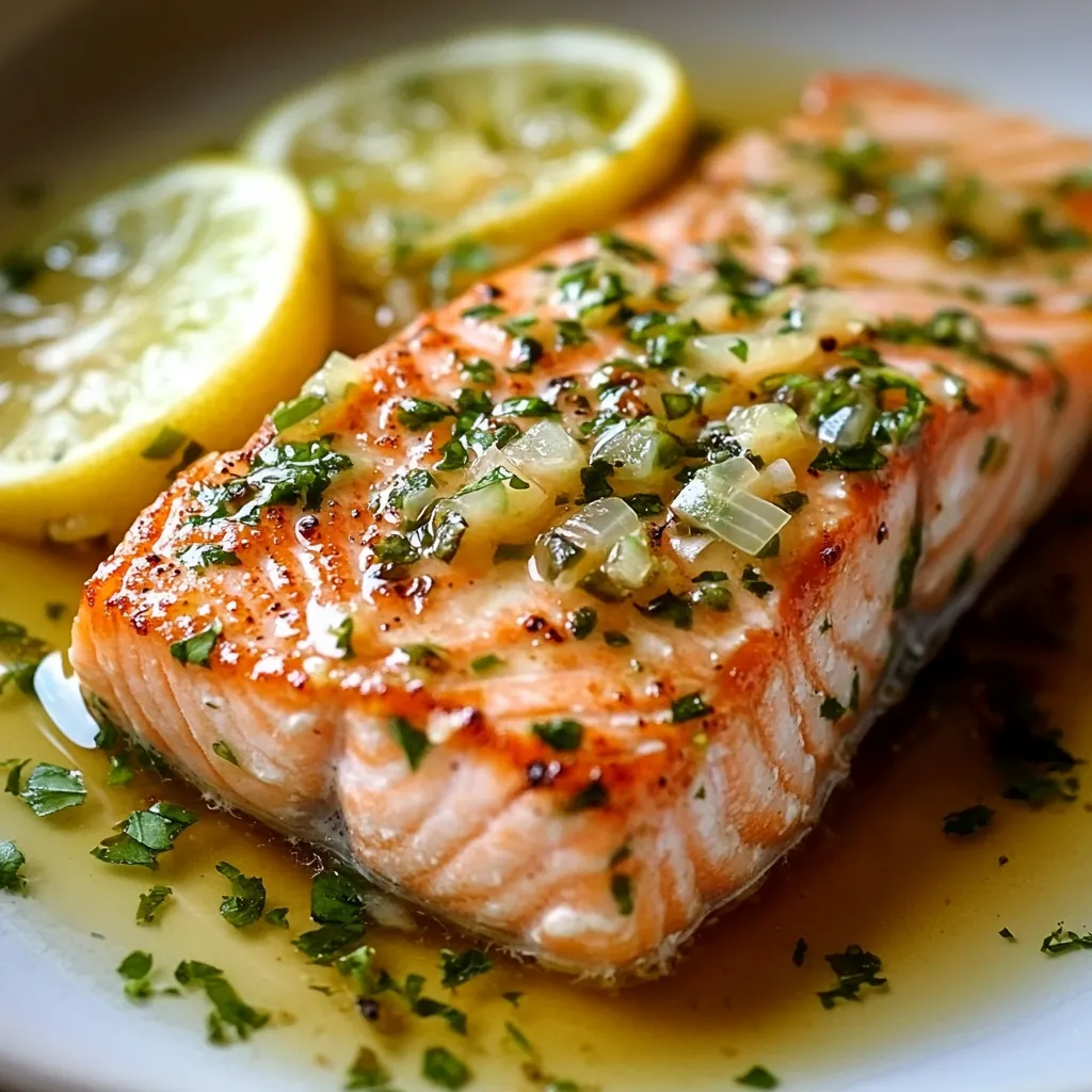 Filete de salmón dorado en sartén con salsa de limón y ajo