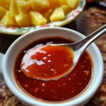 Salsa agridulce china en un frasco de vidrio con textura espesa y brillante.