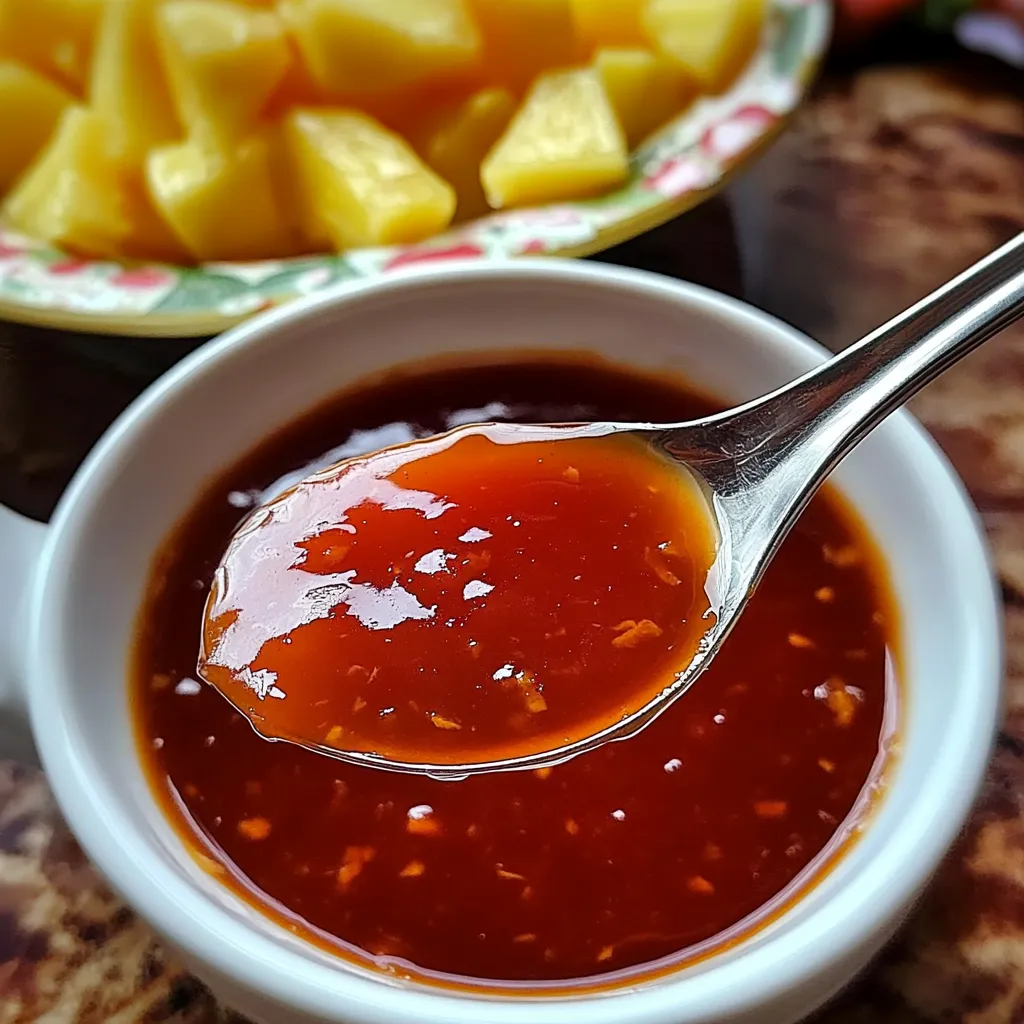 Salsa agridulce china en un frasco de vidrio con textura espesa y brillante.