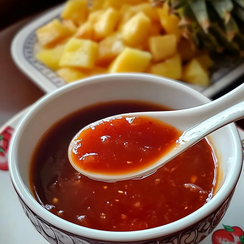 Salsa agridulce china en un frasco de vidrio con textura espesa y brillante.