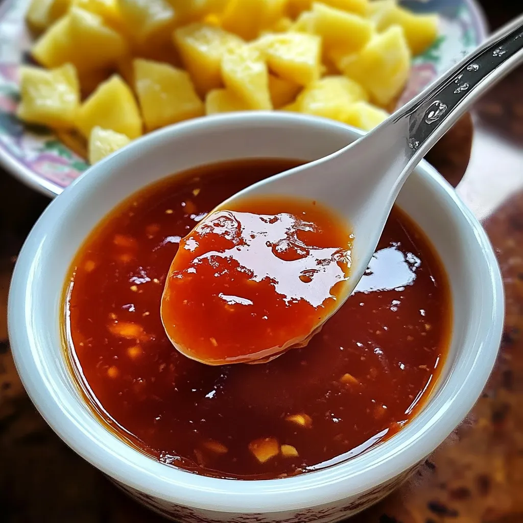 Salsa agridulce china en un frasco de vidrio con textura espesa y brillante.