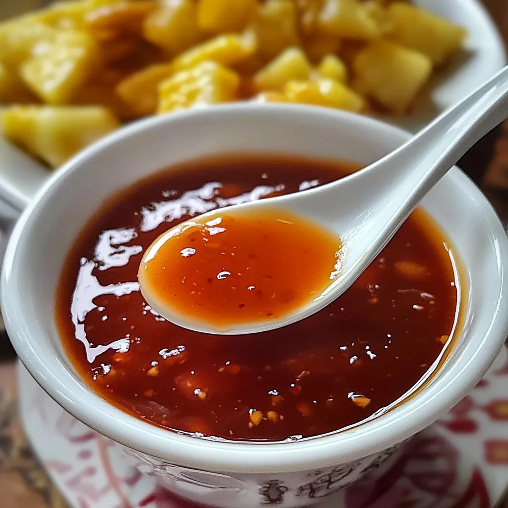 Salsa agridulce china en un frasco de vidrio con textura espesa y brillante.