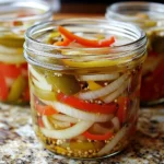 Sartén con cebollas y pimientos cocinándose en aceite de oliva.