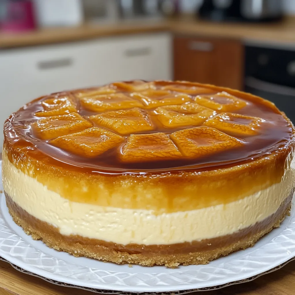 Tarta de quesitos y sobaos recién horneada con caramelo líquido.