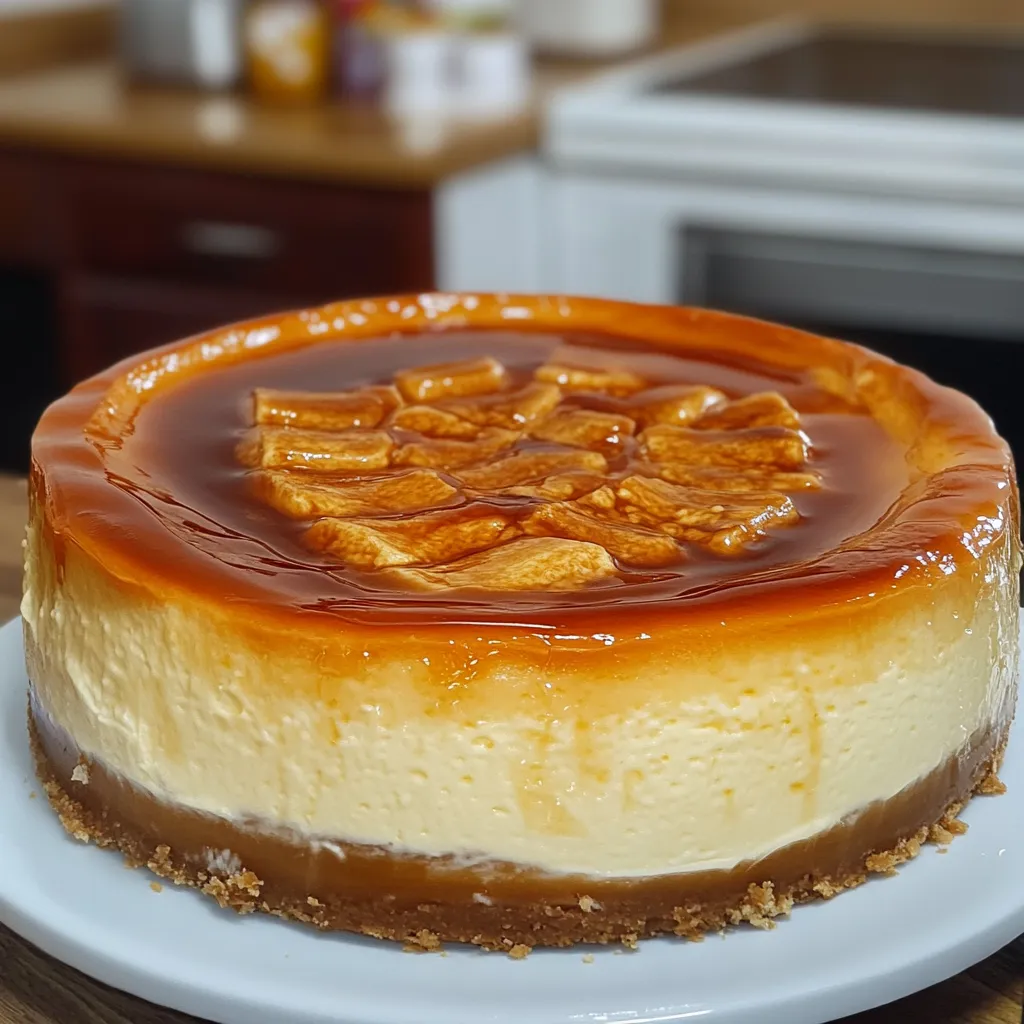 Tarta de quesitos y sobaos recién horneada con caramelo líquido.