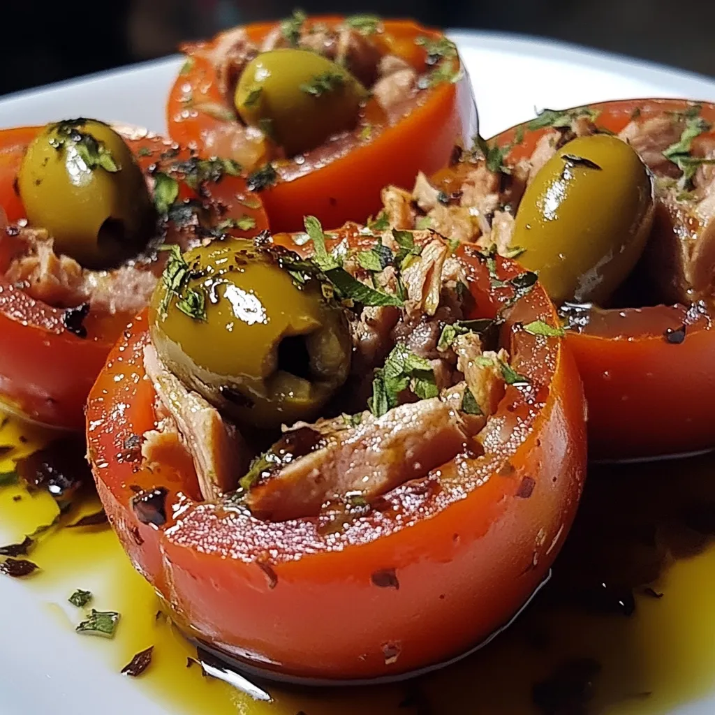 Imagen del plato final: Tomates en gajos rellenos de atún y aceitunas, servidos en un plato blanco con hojas de albahaca fresca.