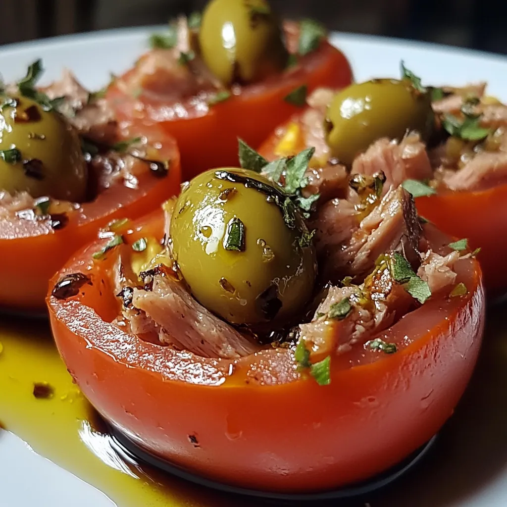 Imagen del plato final: Tomates en gajos rellenos de atún y aceitunas, servidos en un plato blanco con hojas de albahaca fresca.