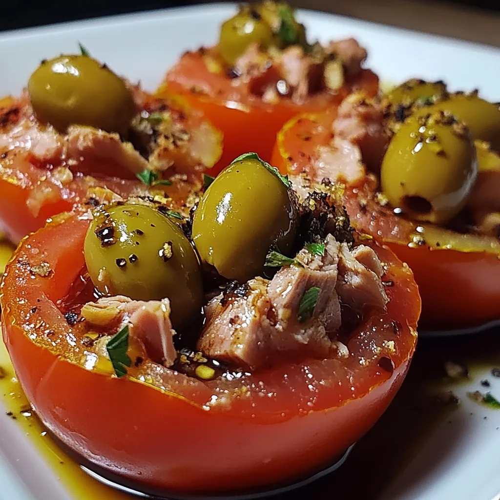 Imagen del plato final: Tomates en gajos rellenos de atún y aceitunas, servidos en un plato blanco con hojas de albahaca fresca.