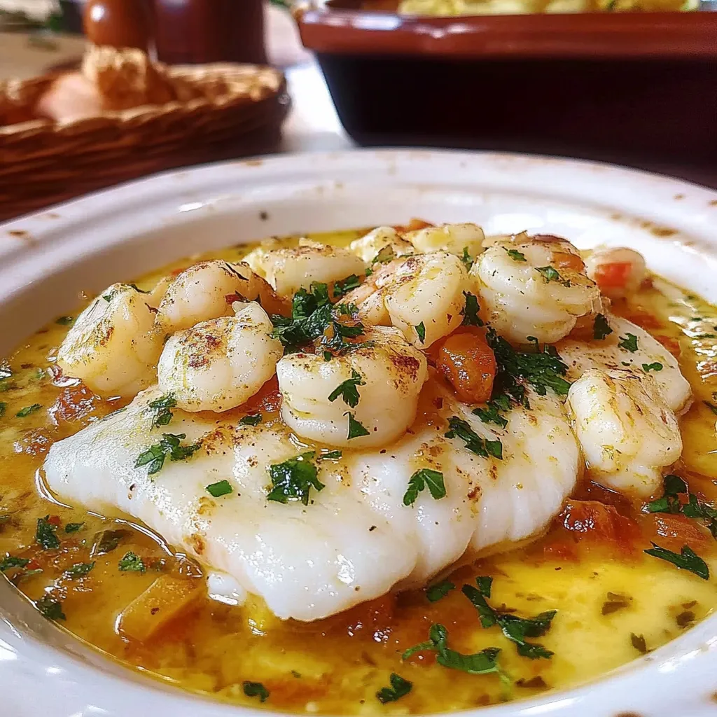 Lomo de bacalao al horno sobre cama de patatas con refrito de gambas y perejil fresco.