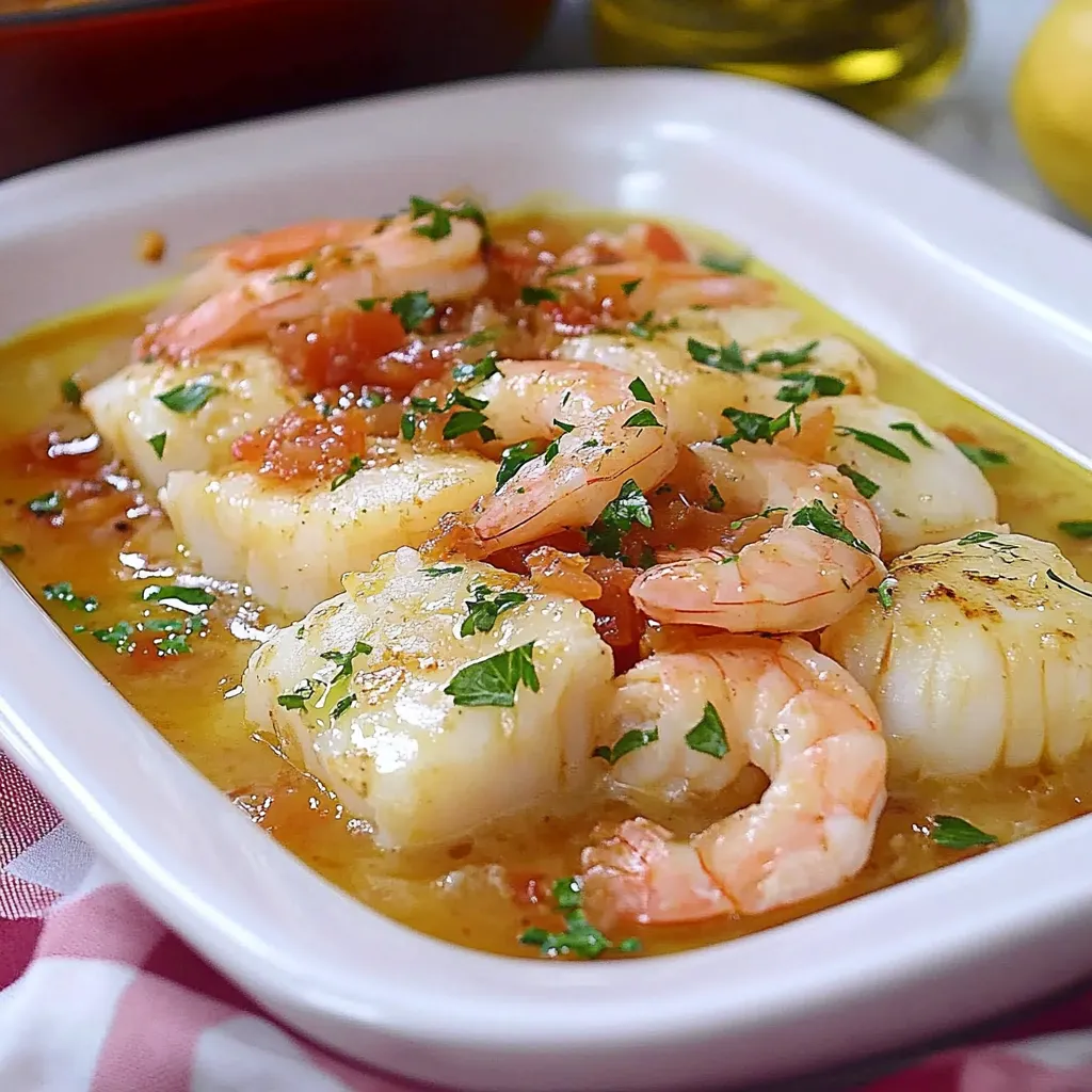 Lomo de bacalao al horno sobre cama de patatas con refrito de gambas y perejil fresco.