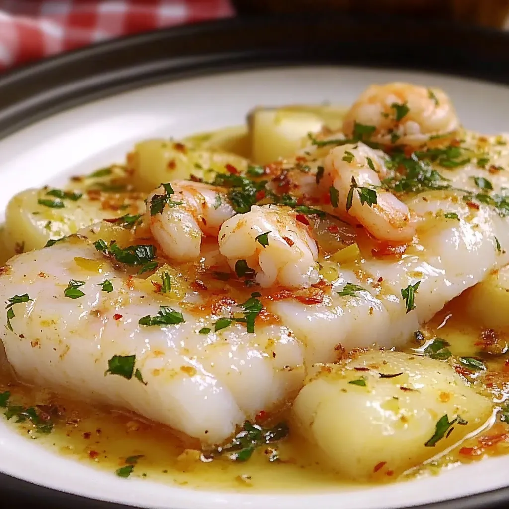 Lomo de bacalao al horno sobre cama de patatas con refrito de gambas y perejil fresco.