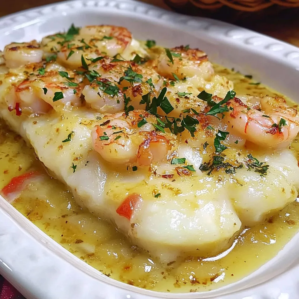 Lomo de bacalao al horno sobre cama de patatas con refrito de gambas y perejil fresco.