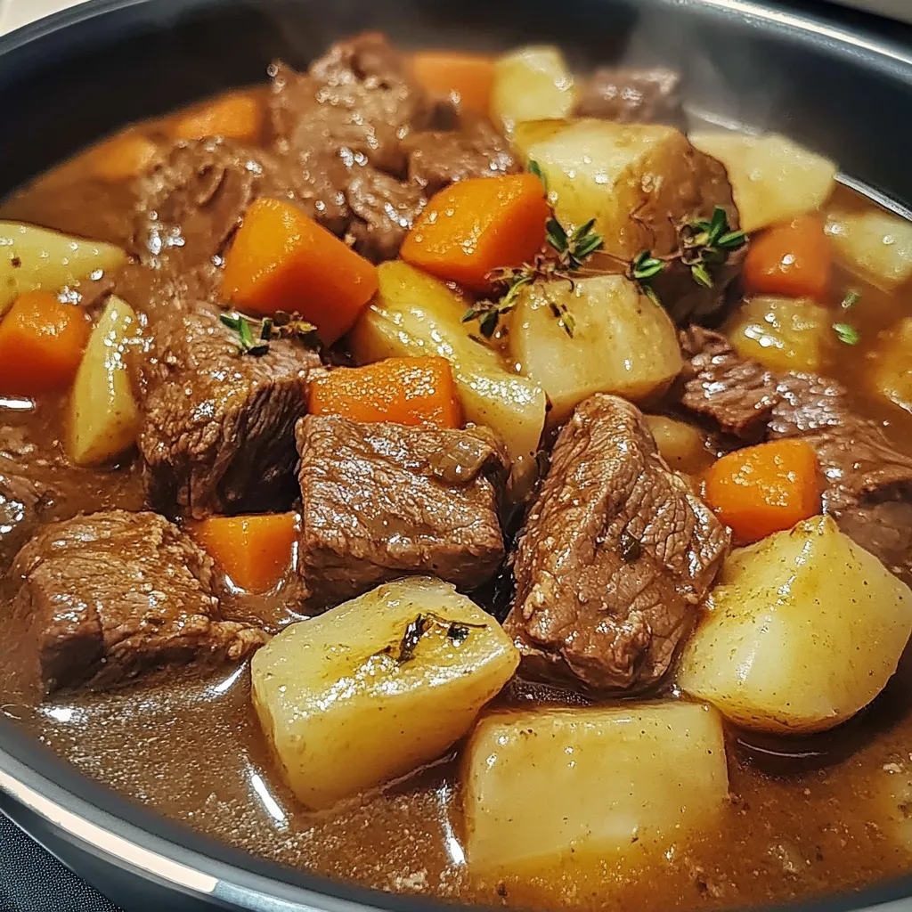Carne guisada tradicional servida en plato hondo con arroz blanco y guisantes