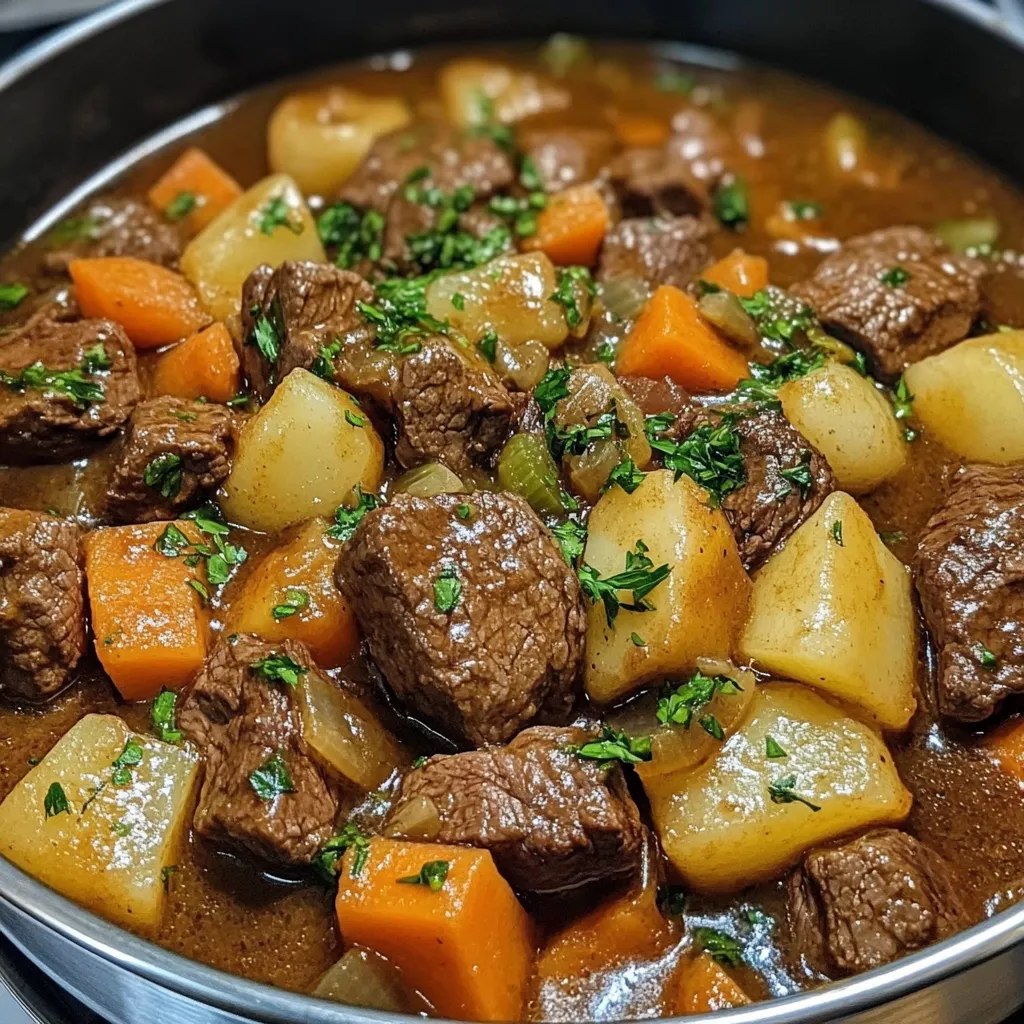Carne guisada tradicional servida en plato hondo con arroz blanco y guisantes
