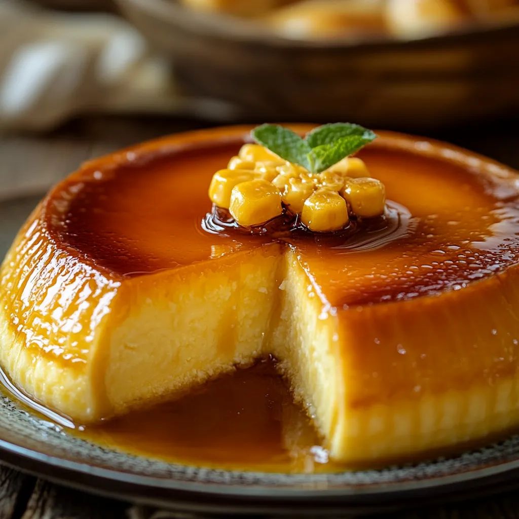 Flan de maicena casero sobre plato blanco con caramelo dorado.