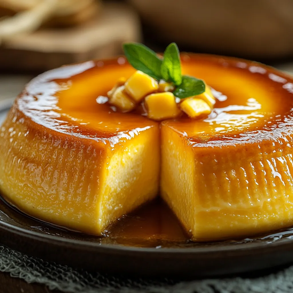 Flan de maicena casero sobre plato blanco con caramelo dorado.