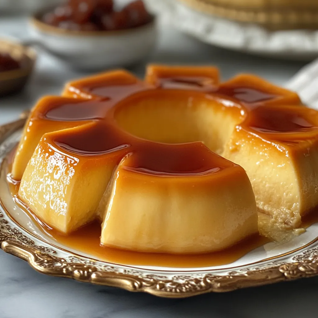 Flan de maicena cremoso servido en plato blanco con caramelo brillante