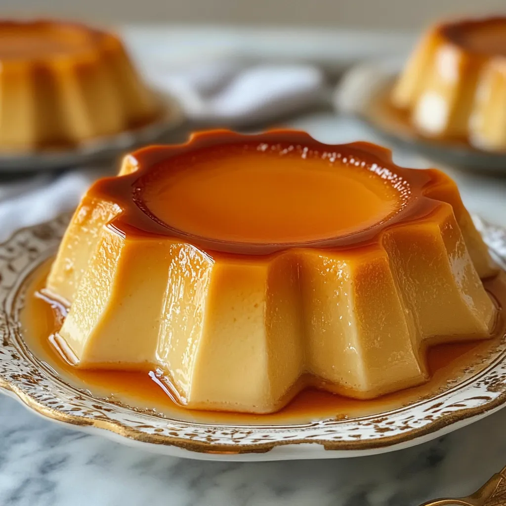 Flan de maicena cremoso servido en plato blanco con caramelo brillante