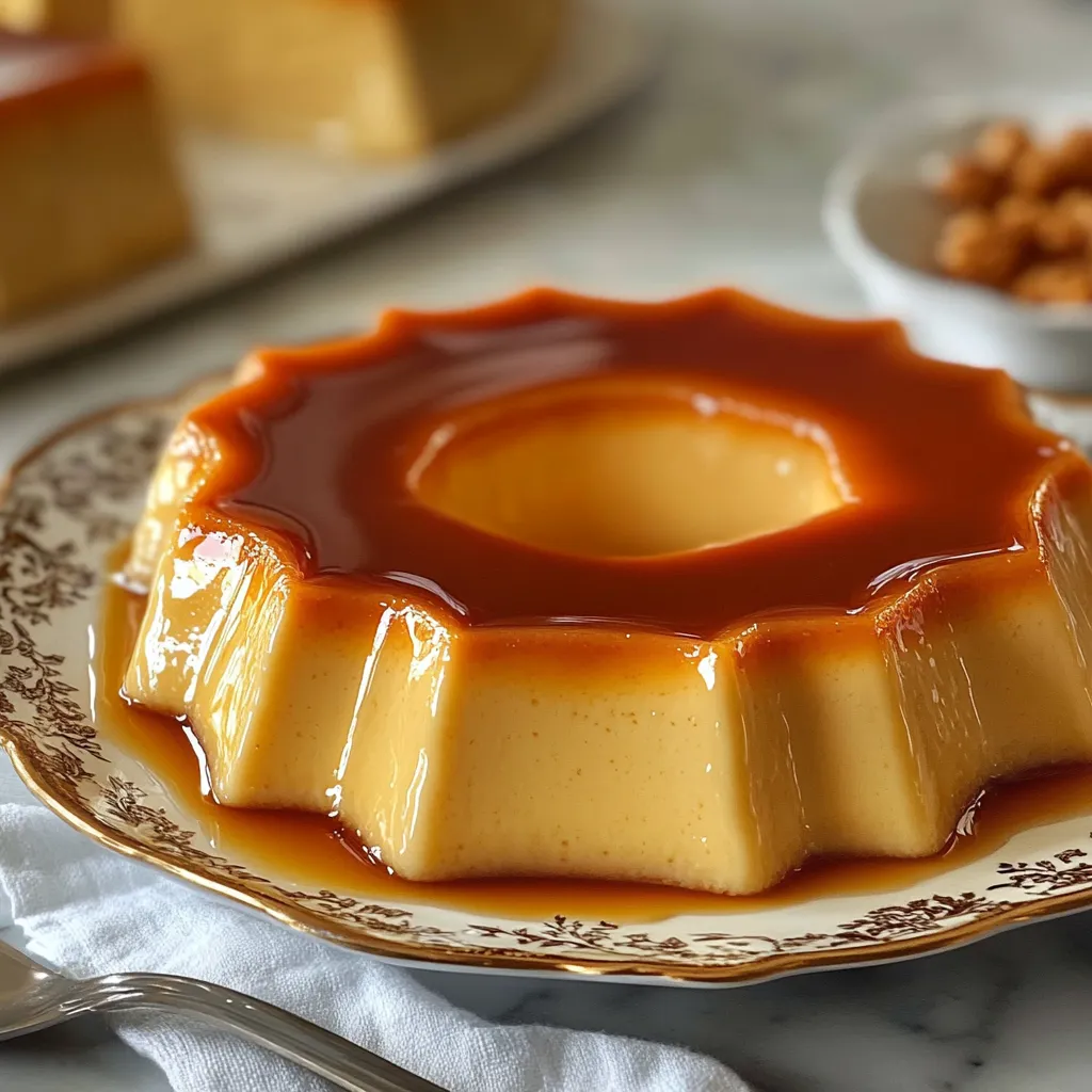 Flan de maicena cremoso servido en plato blanco con caramelo brillante